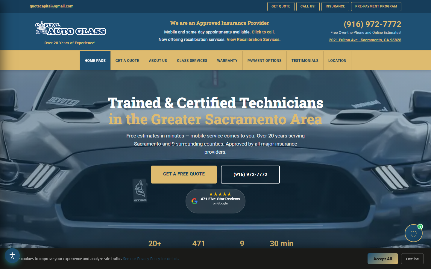 Capital Auto Glass homepage showing its regional windshield replacement services