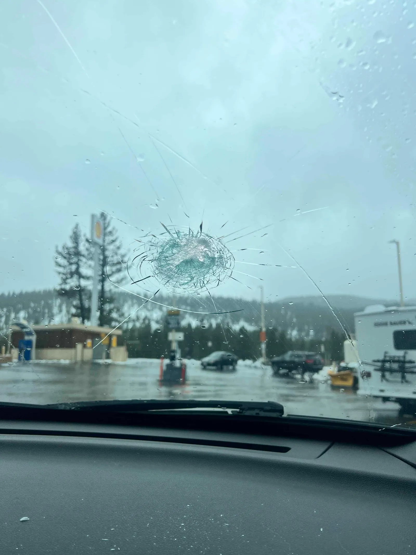 Driver's view through a cracked windshield