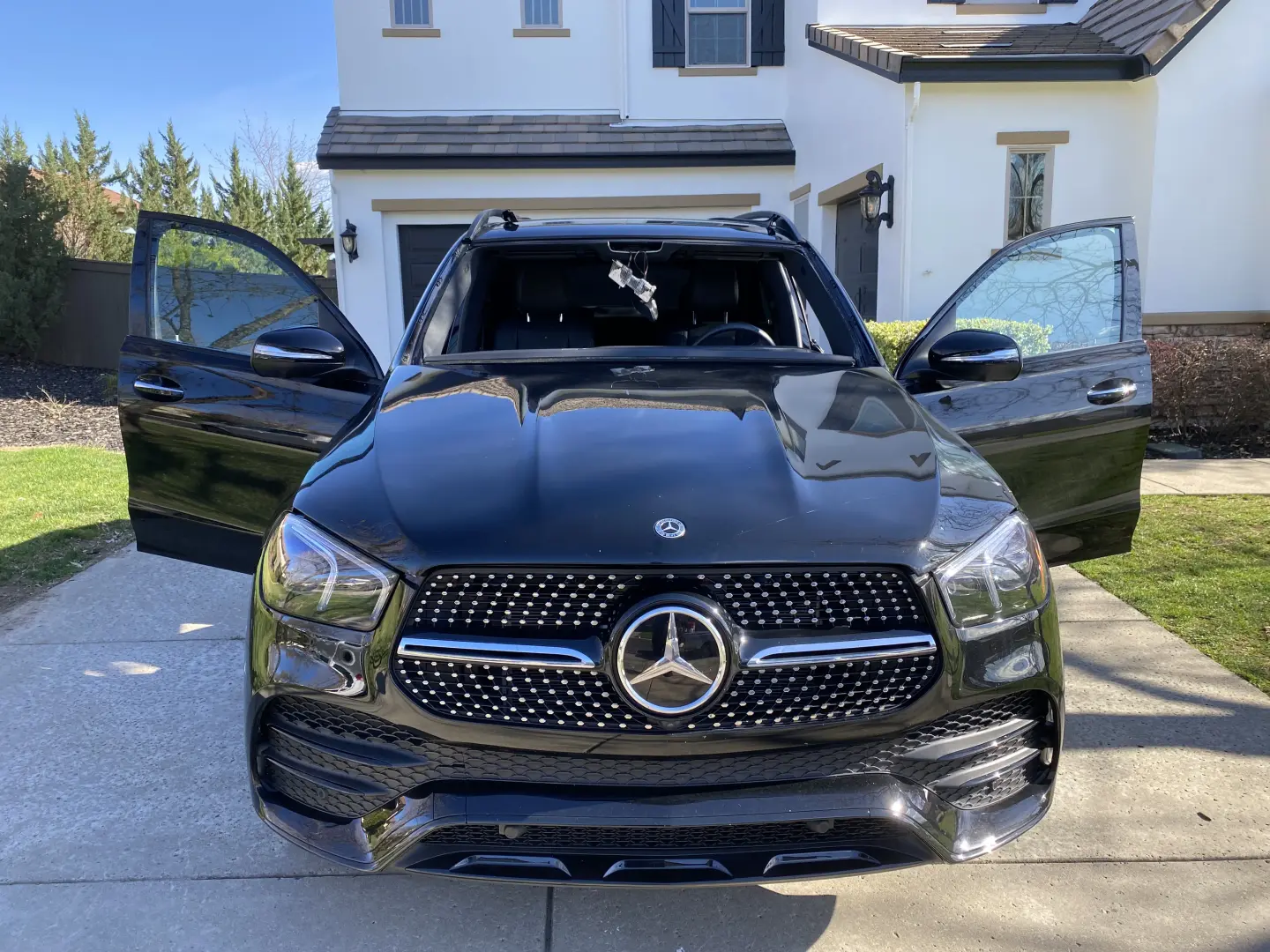 Mercedes GLE with shattered windshield ready for replacement in Granite Bay, CA